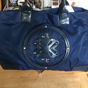 Navy nylon and patent leather bag